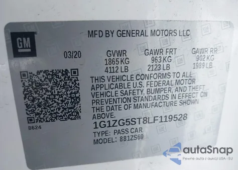 2020 Chevrolet Malibu Fwd Rs из США, поврежденный, VIN 1G1ZG5ST8LF119528